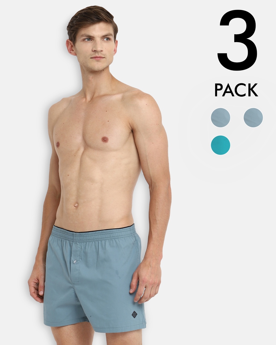Shop Men's Blue & Grey Cotton Boxers (Pack Of 3)-Front