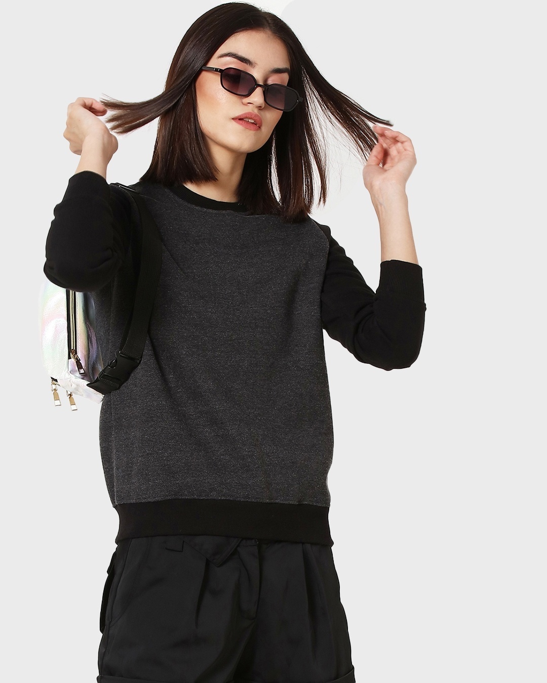 Shop Anthra Melange Contrast Fleece Sweatshirt-Front