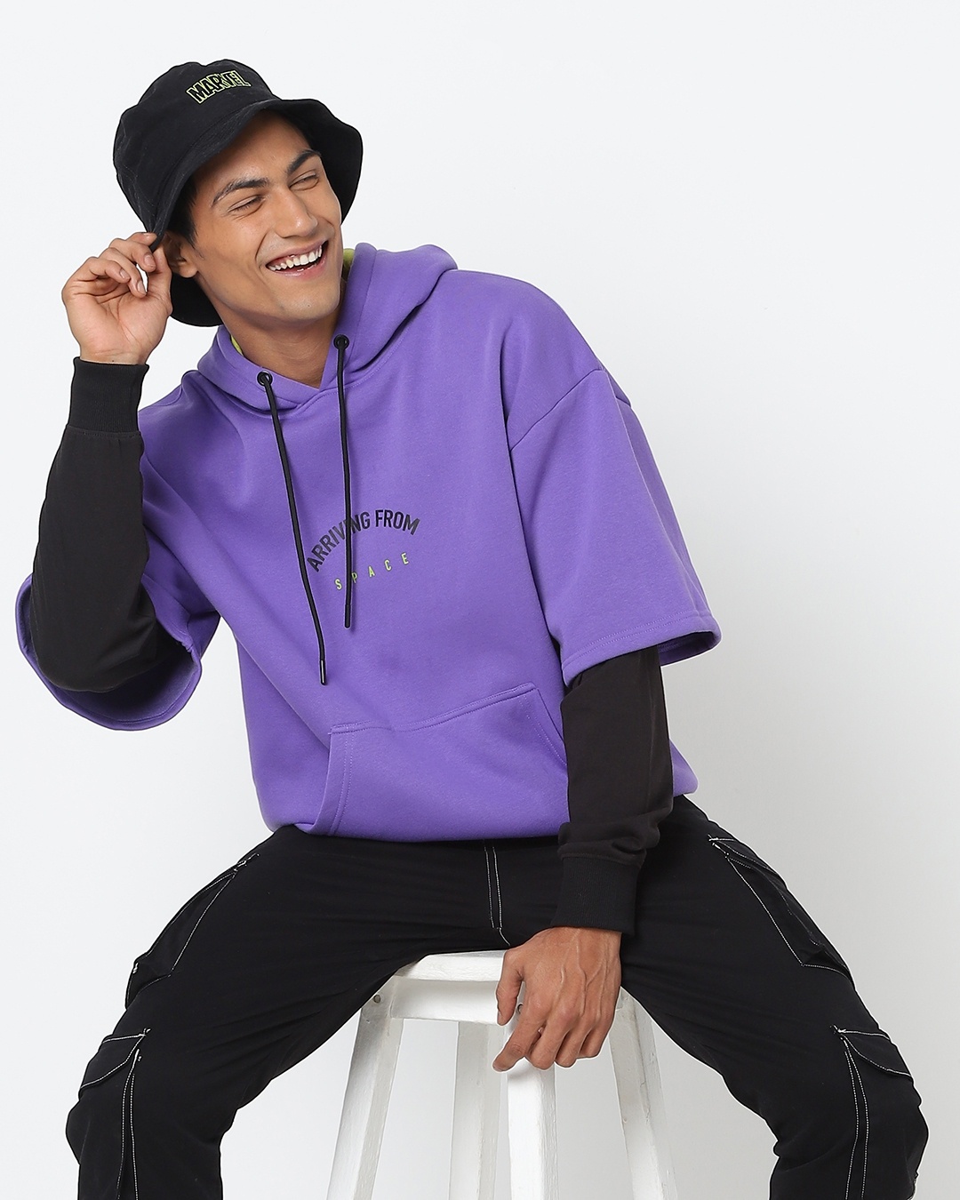 Men's Purple Layered Sleeve Oversized Hoodie(Size S)