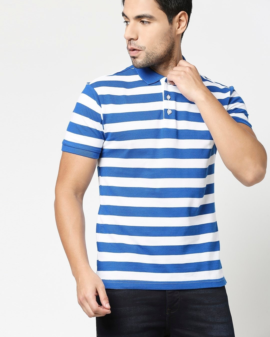 Shop Baleine Blue & White Half Sleeve Stripes Polo-Front
