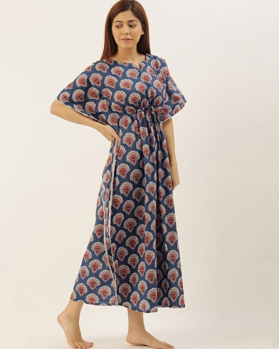 Shop Women Blue Printed Kaftan Night Dress-Full
