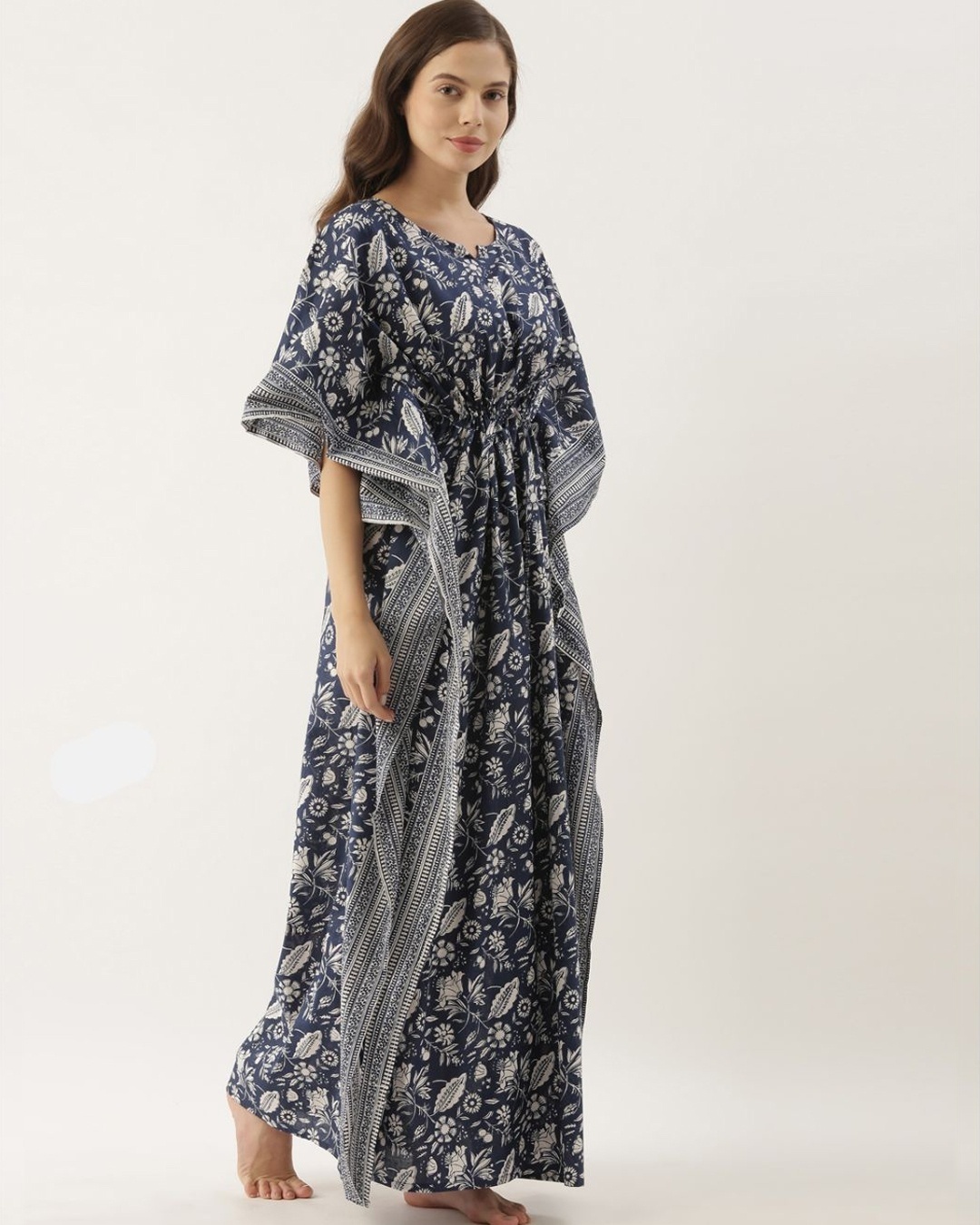 Shop Women Indigo & Offwhite Printed Kaftan Night Dress-Full