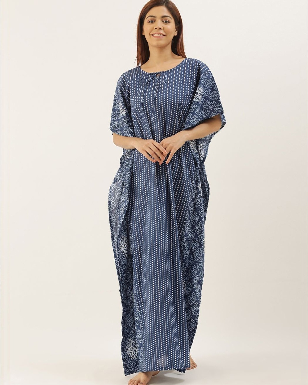 Shop Women Indigo Printed Kaftan Night Dress-Front