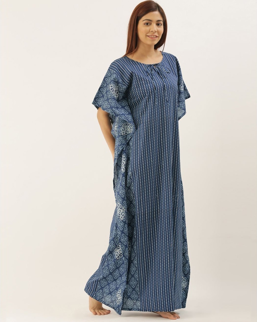 Shop Women Indigo Printed Kaftan Night Dress-Full