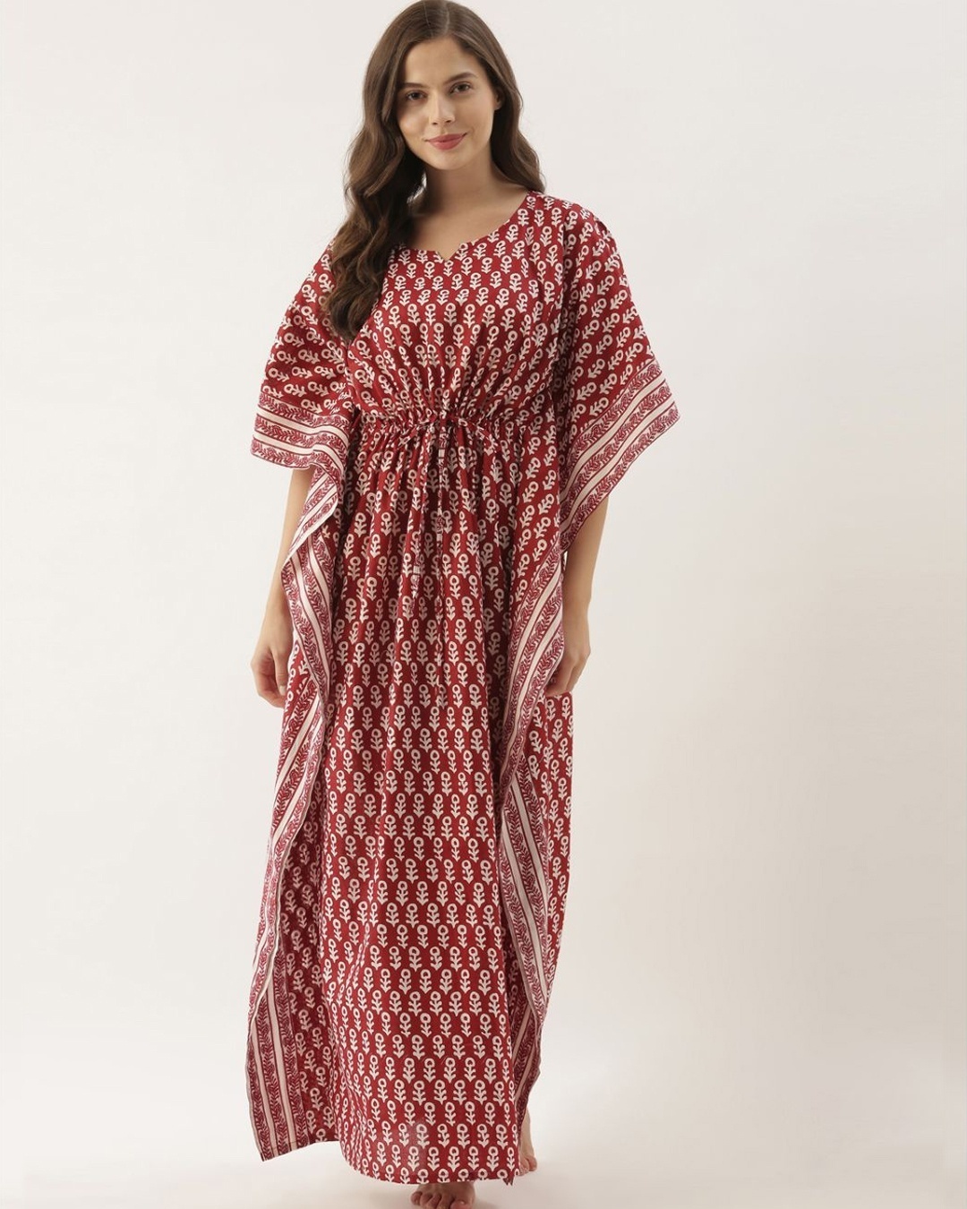 Shop Women Maroon & Offwhite Printed Kaftan Night Dress-Front
