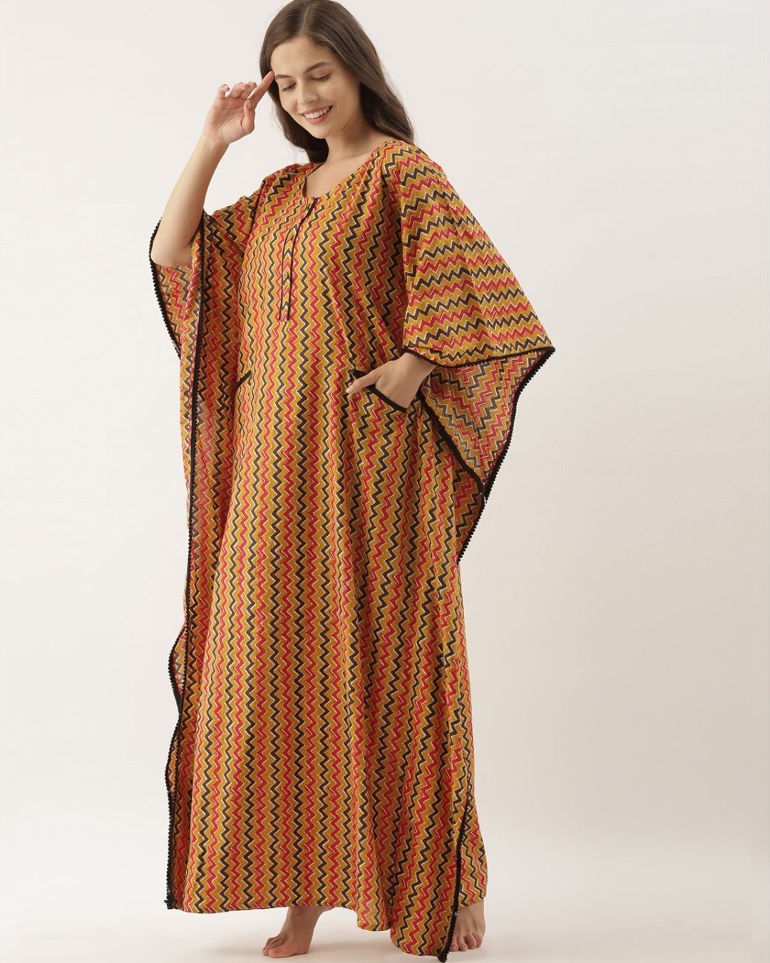 Shop Women Mustarad Printed Kaftan Night Dress-Design