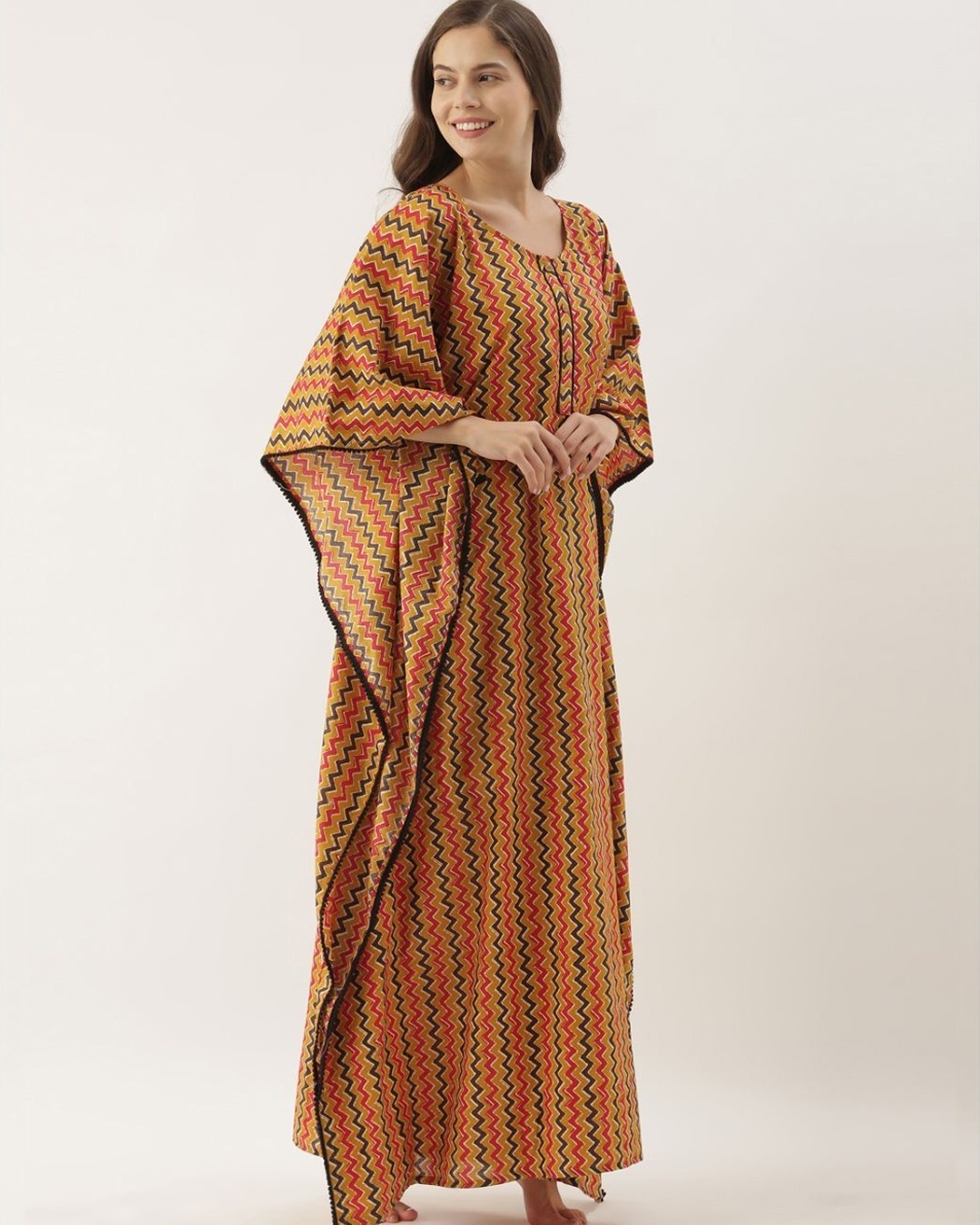 Shop Women Mustarad Printed Kaftan Night Dress-Full