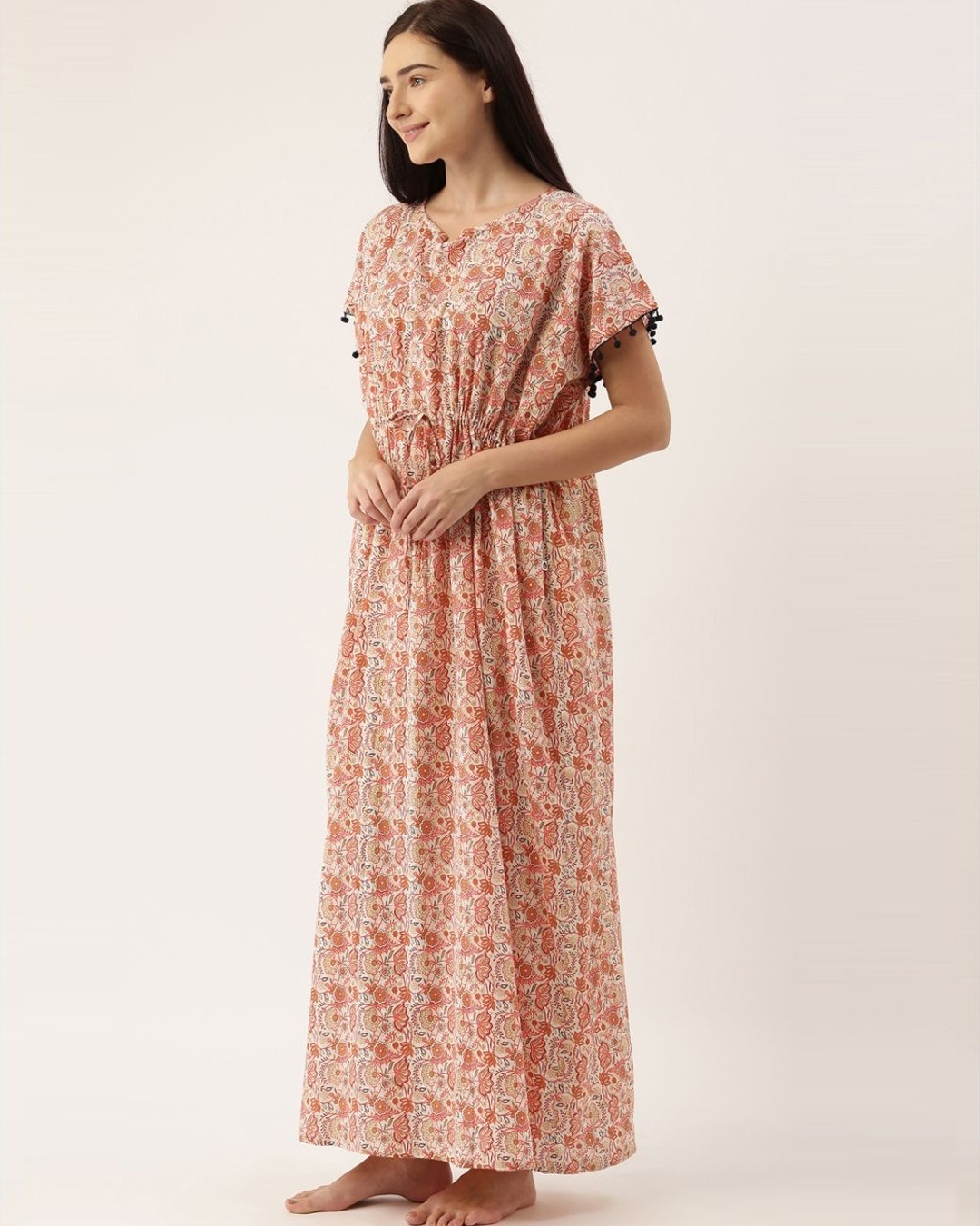 Shop Women Peach & Offwhite Printed Kaftan Night Dress-Design