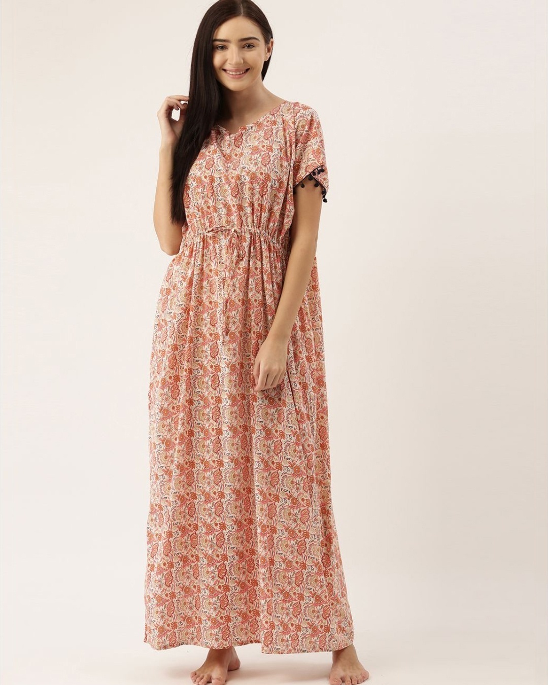 Shop Women Peach & Offwhite Printed Kaftan Night Dress