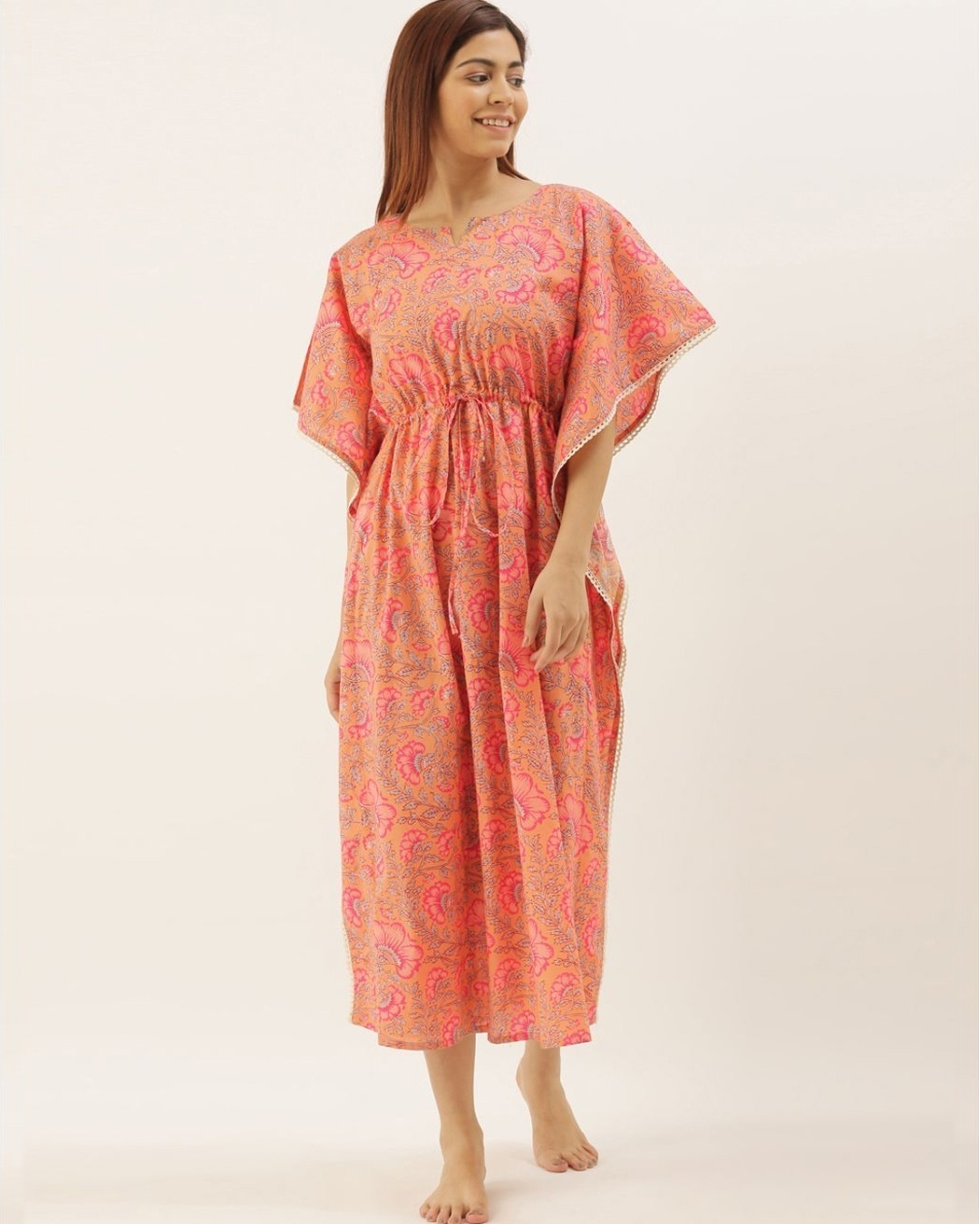 Shop Women Peach Printed Kaftan Night Dress