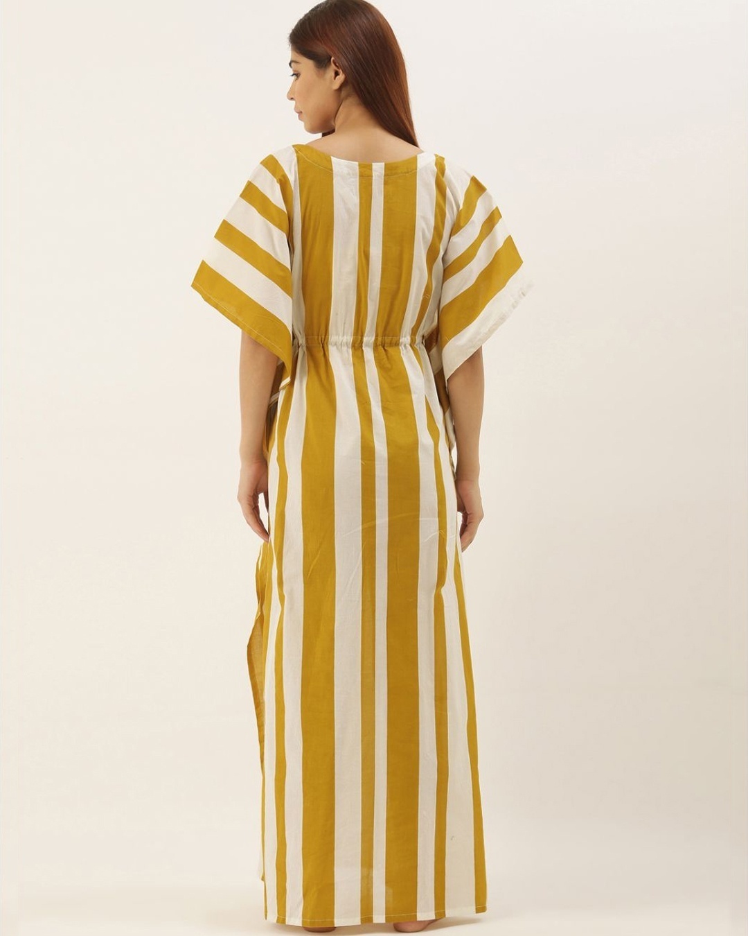 Shop Women Yellow Striped Print Kaftan Night Dress-Back