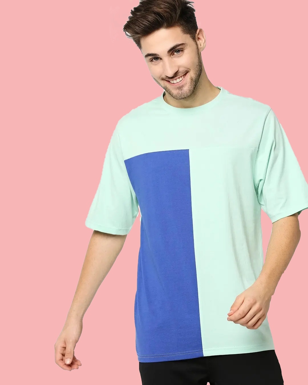 Shop Men's Bird Egg Blue Color Block Oversized T-shirt-Front