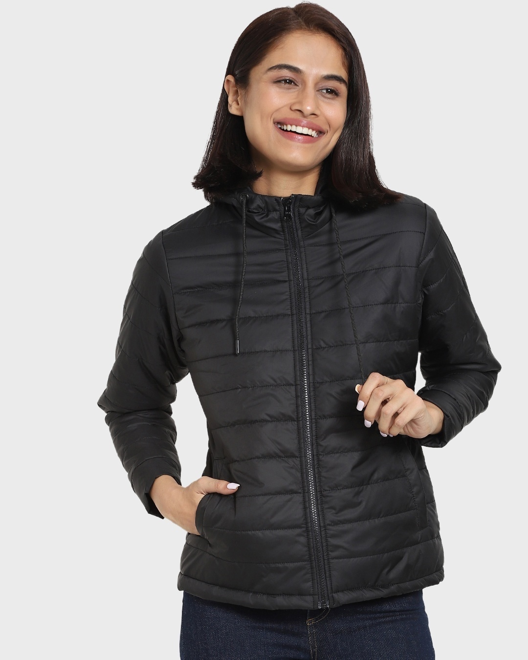 Shop Women's Black Basic Relaxed Fit Puffer Jacket-Back