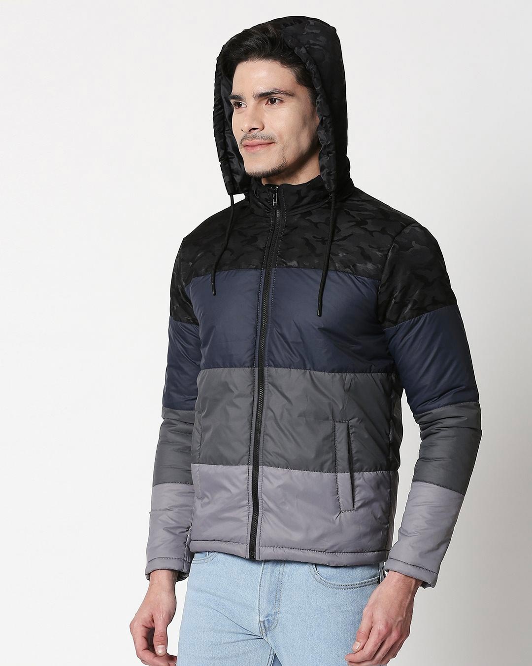 Buy Men's Multicolor Color Block Puffer Jacket With Detachable Hood for ...