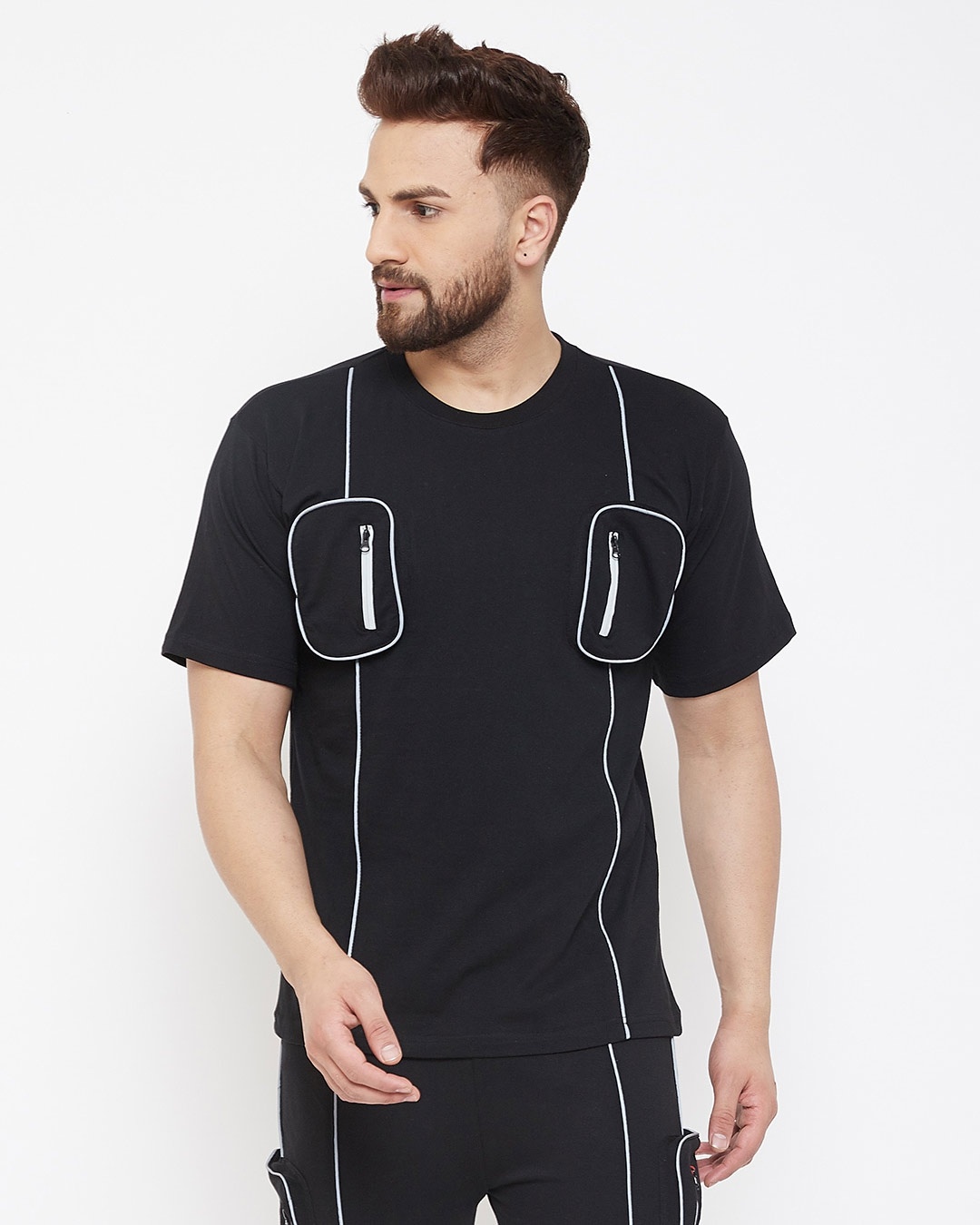 Shop Black Chest Pocket Reflective Piping T-Shirt-Front