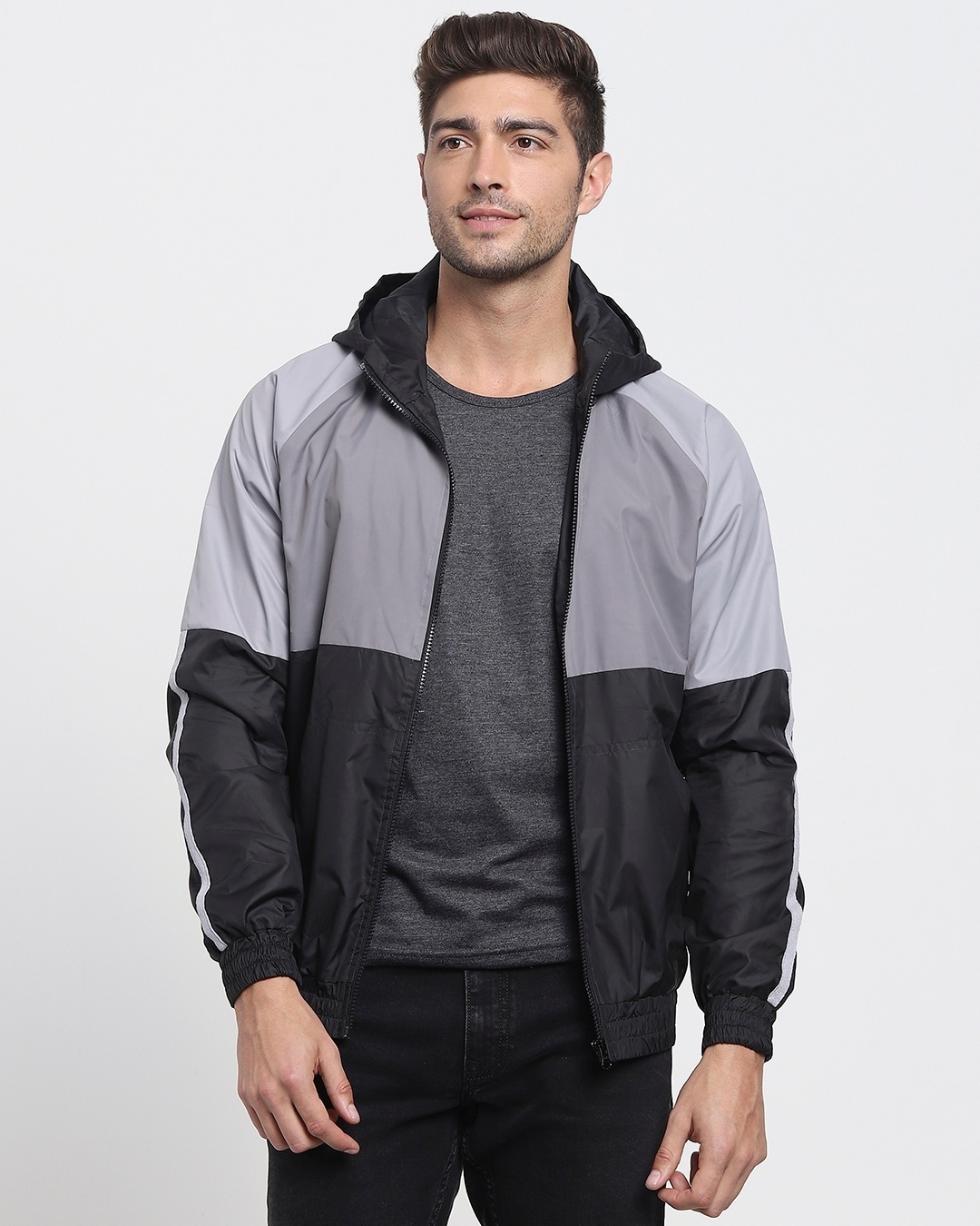 Buy Men's Grey & Black Color Block Windcheater Jacket Online at Bewakoof