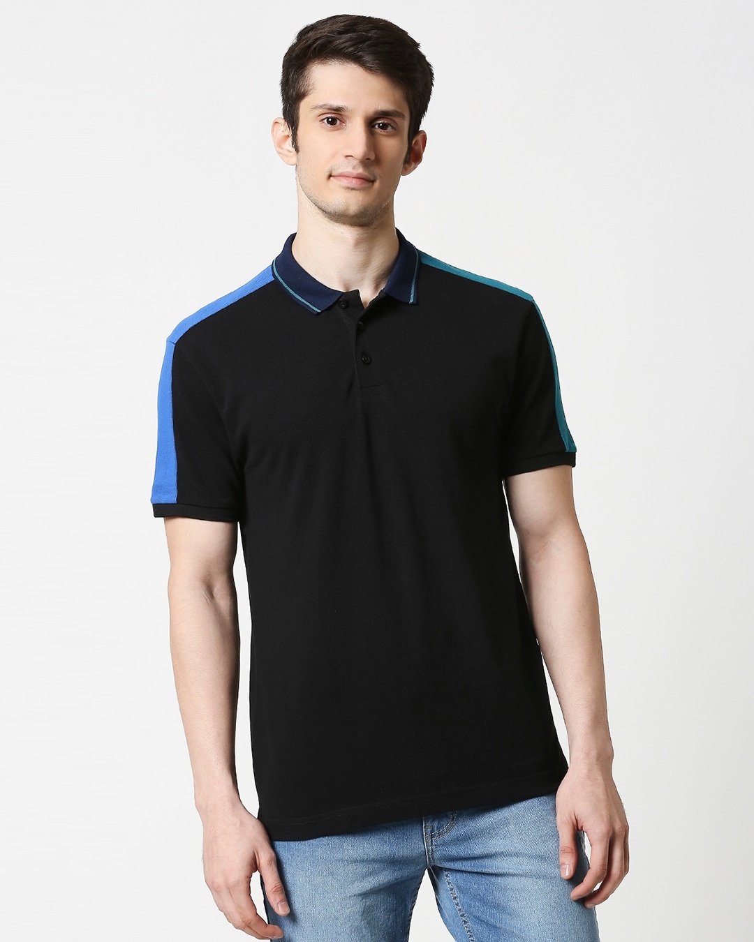 Shop Black Contrast Shoulder Cut & Sew Polo-Back
