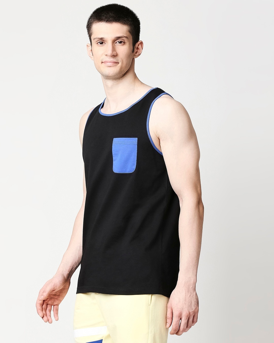 Shop Black-Dazzling Blue Round Neck Contrast Binding Pocket Vest-Back