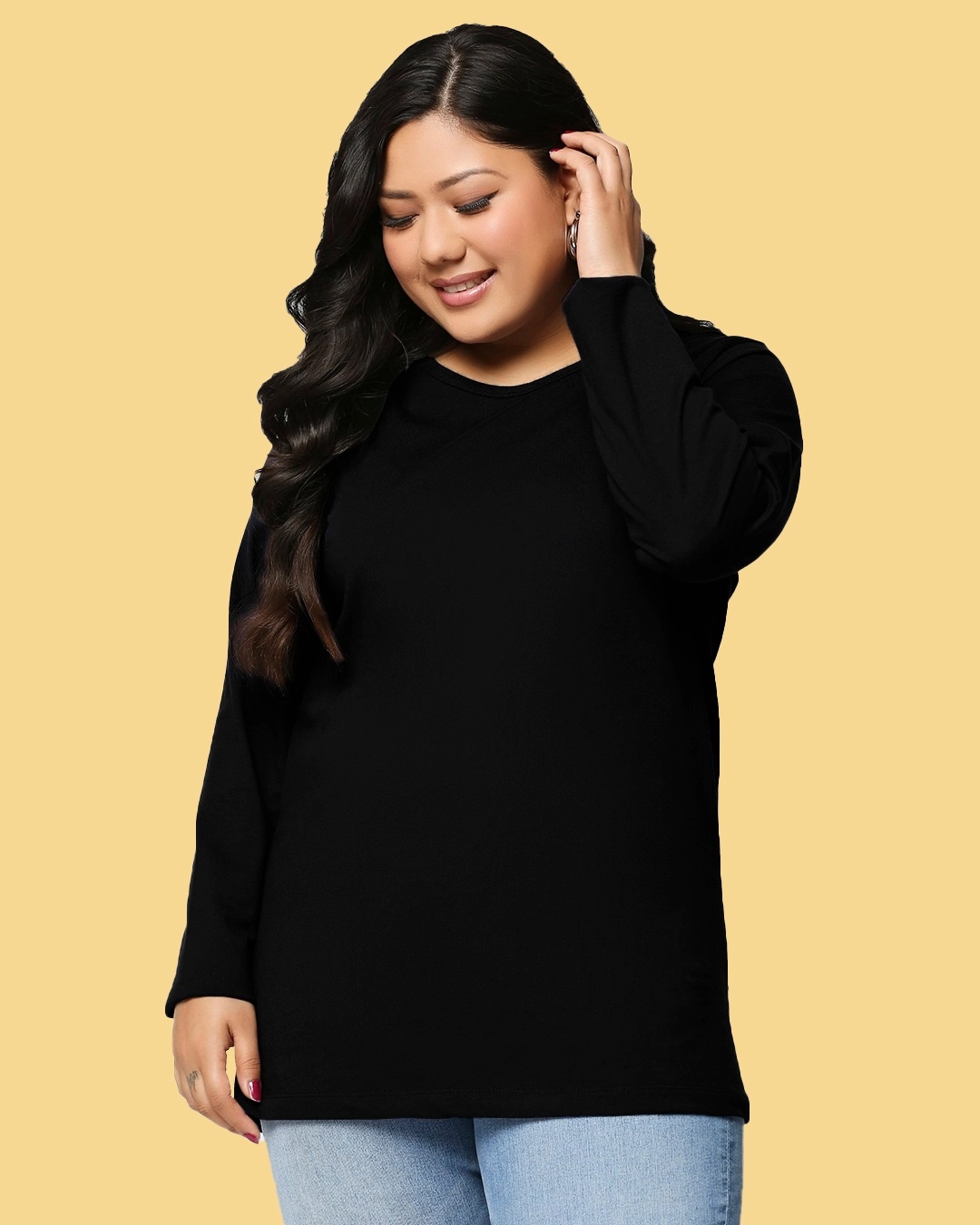 Shop Black Full Sleeve Plus Size Slim Fit T-Shirt-Front