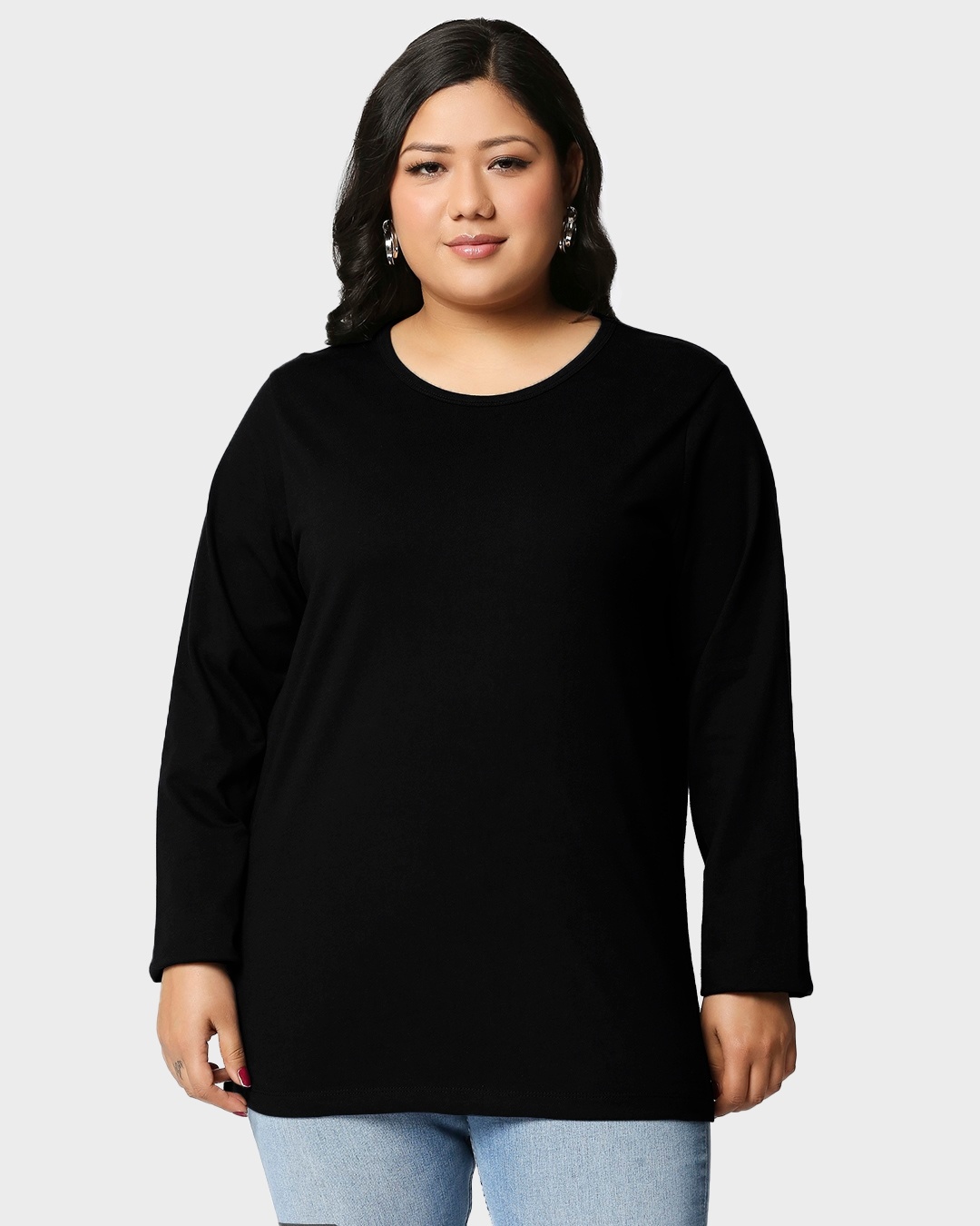 Shop Black Full Sleeve Plus Size Slim Fit T-Shirt-Back