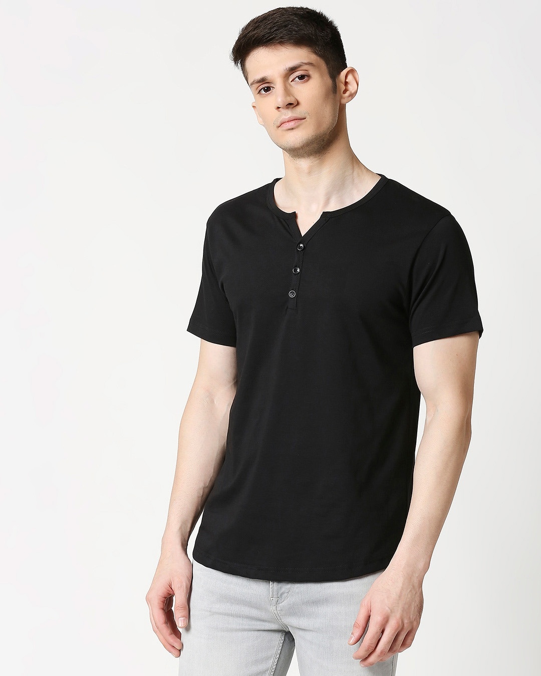 Shop Black Half Sleeve Henley T-Shirt-Back
