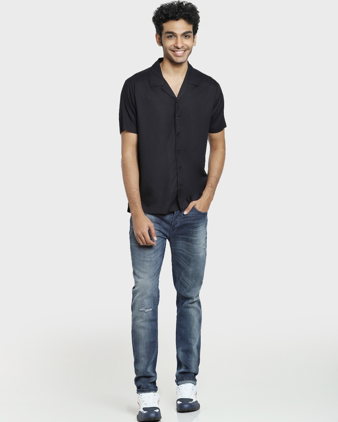 Shop Black Lapel Half Sleeve Shirt-Full