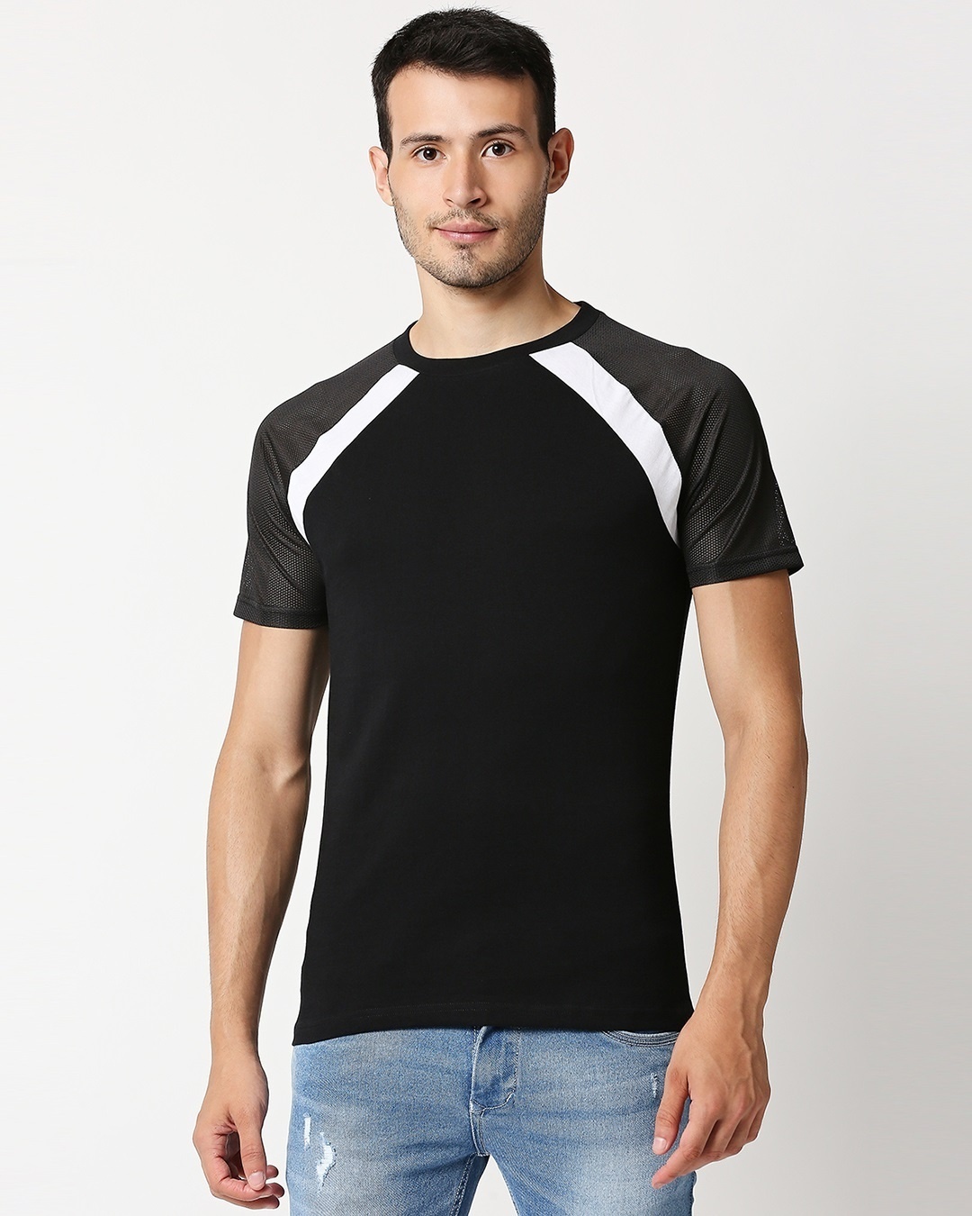Shop Black Mesh Raglan T-Shirt-Back