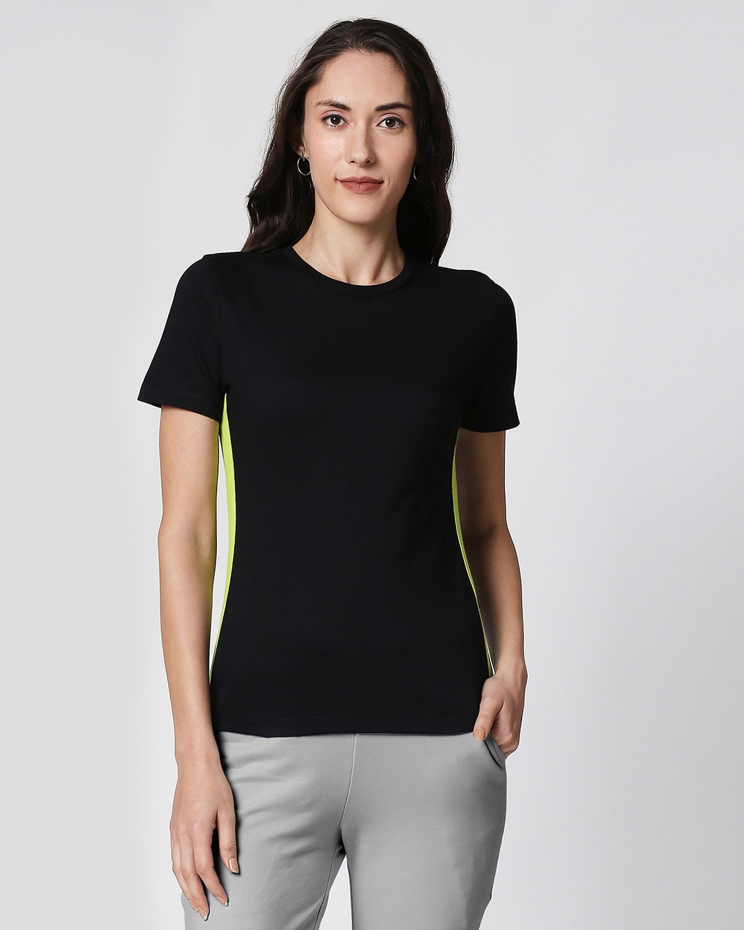 Shop Black-Neon Green Contrast Side Seam T-Shirt-Front