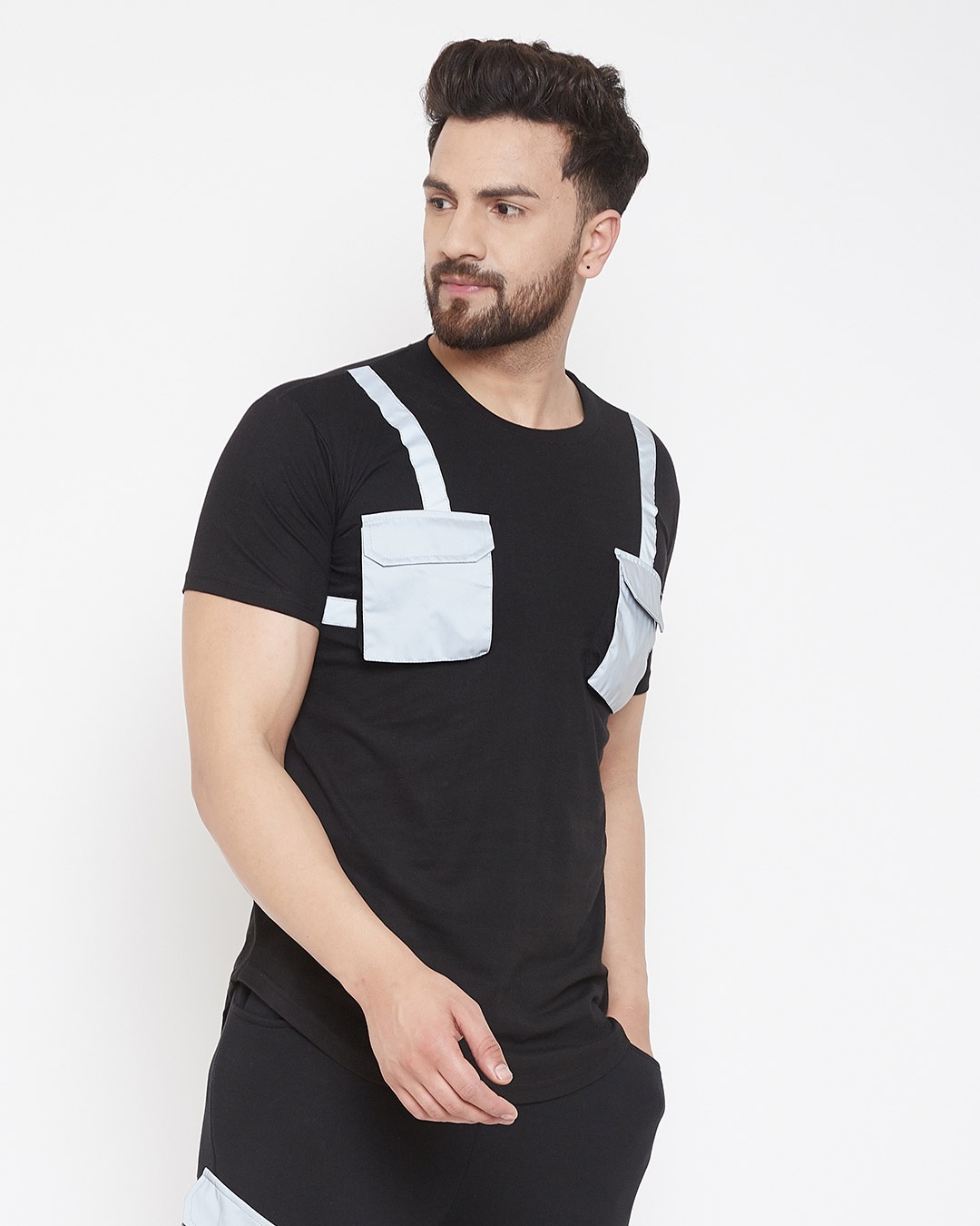 Shop Black Reflective Chest Pocket Taped T-Shirt-Back
