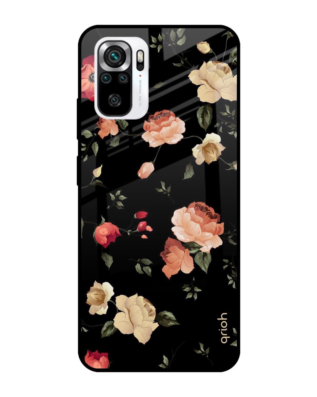 Shop Black Spring Floral Printed Premium Glass Case for Redmi Note 11 SE (Shock Proof,Scratch Resistant)-Front