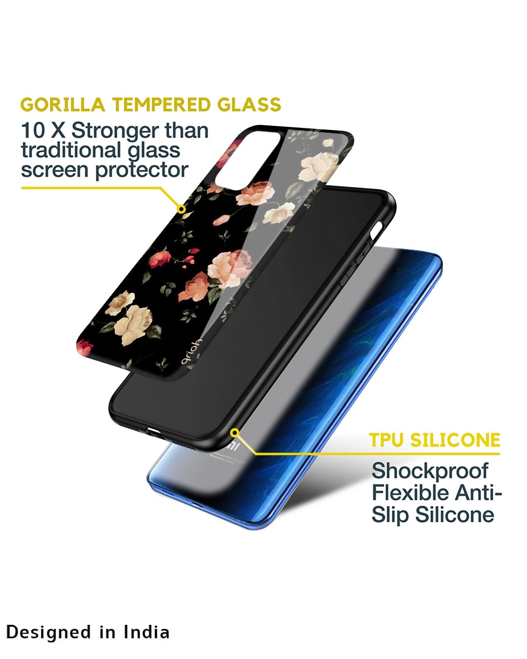 Shop Black Spring Floral Printed Premium Glass Case for Redmi Note 11 SE (Shock Proof,Scratch Resistant)-Design