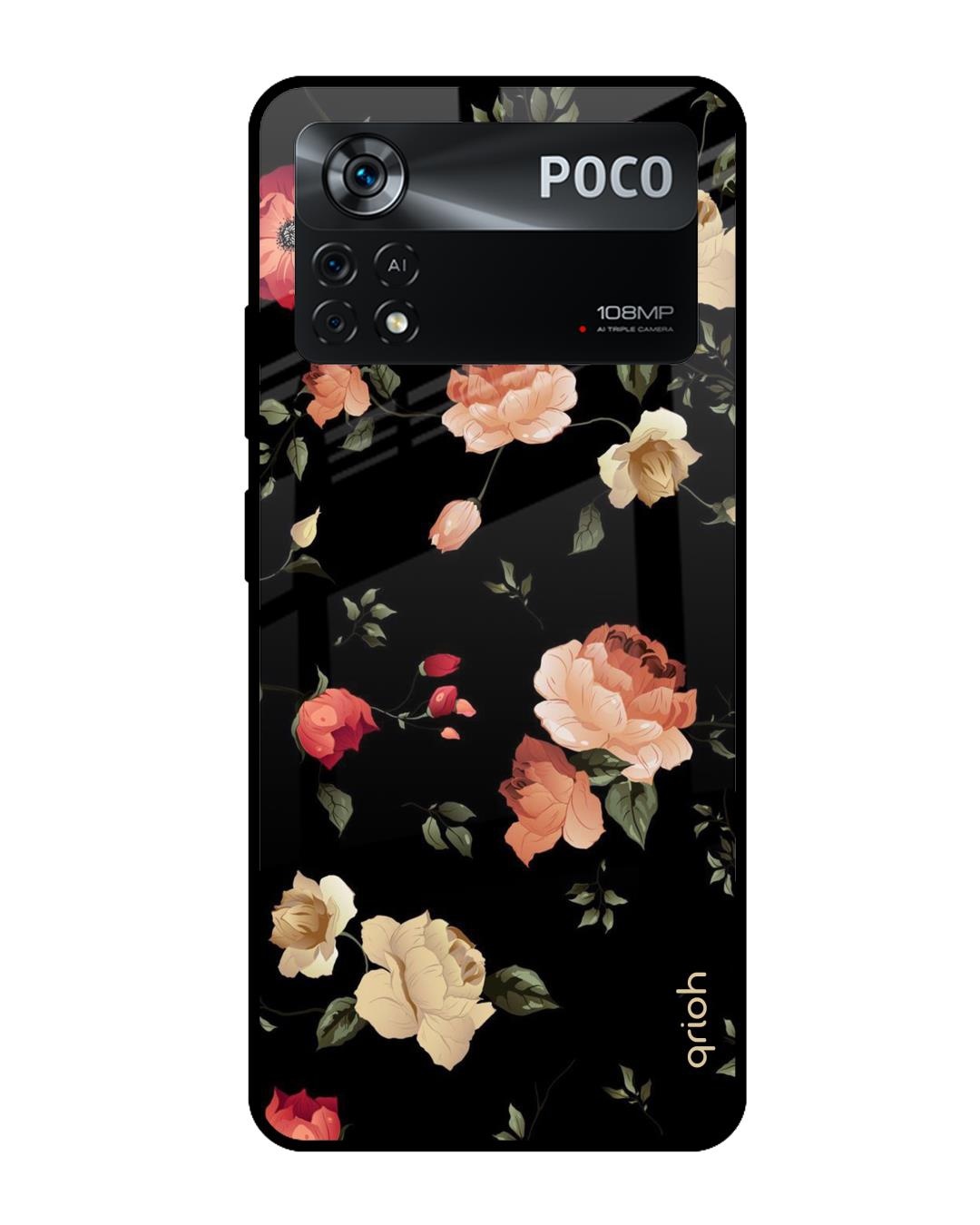 Shop Black Spring Floral Printed Premium Glass Cover for Poco X4 Pro 5G (Shock Proof, Scratch Resistant)-Front