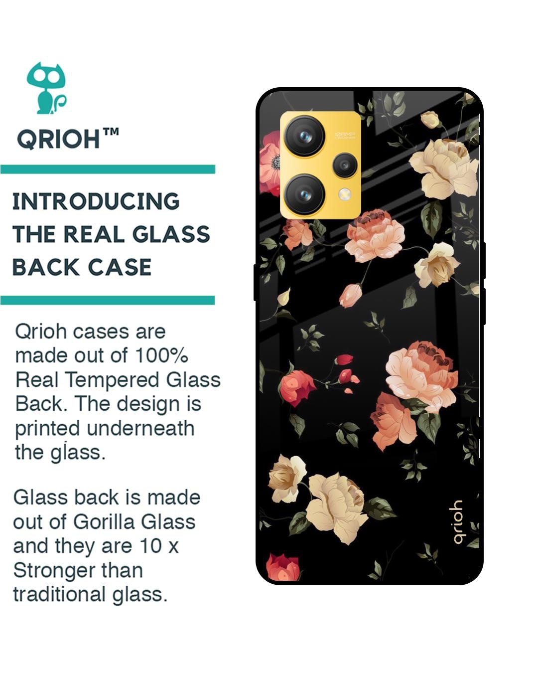 Shop Black Spring Floral Printed Premium Glass Cover for Realme 9 4G (Shock Proof, Scratch Resistant)-Back