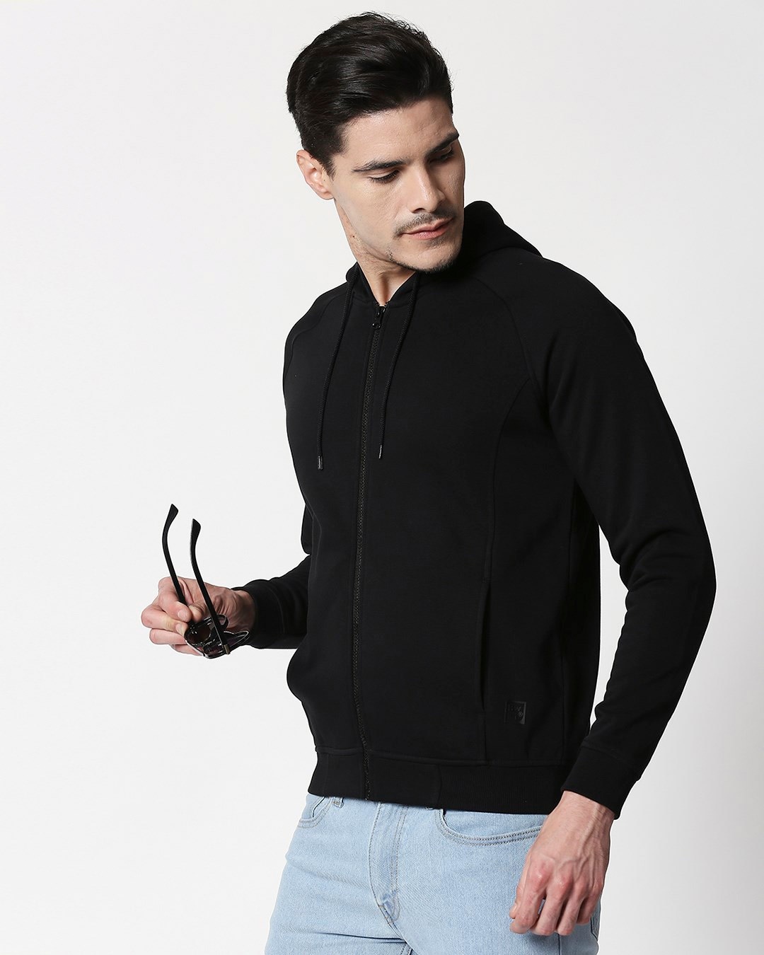 Shop Black Stylised Panel Zipper Hoodie-Front