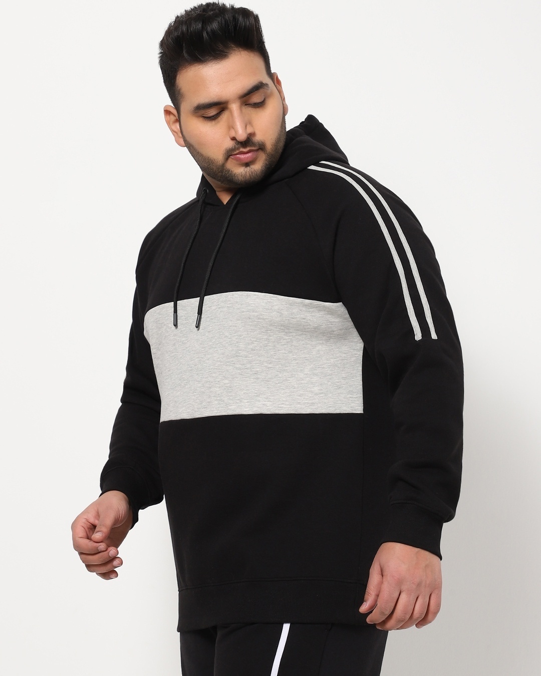 Shop Black-White Plus Size Color Block Hoodie Sweatshirt-Back