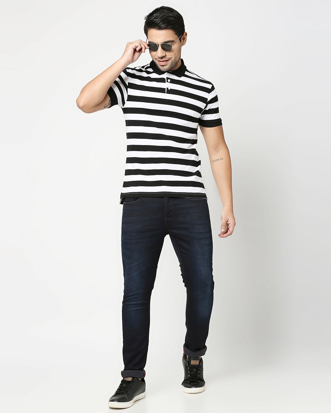 Shop Black & WhiteHalf Sleeve Stripes Polo
