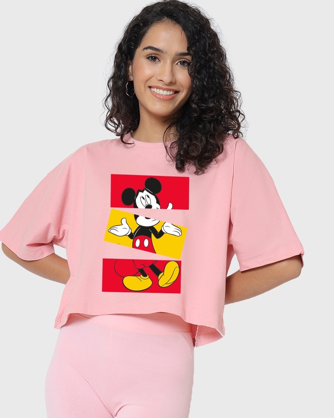 Shop Women's Pink Blocked Mickey Graphic Printed Oversized Short Top-Front