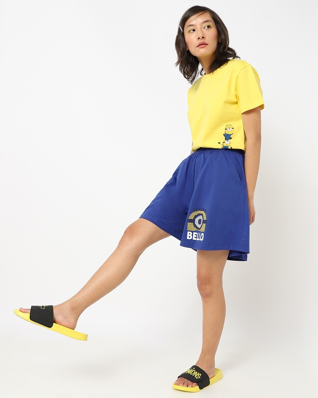 Shop Women's Blue Pixelated Bello Minion Graphic Printed Flared Shorts-Full