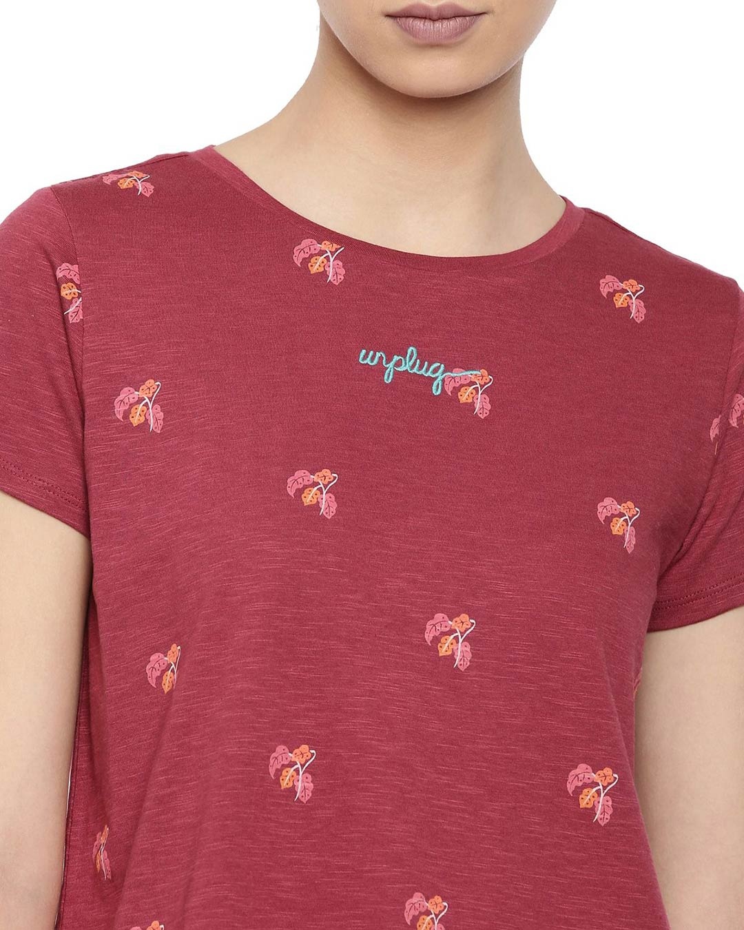 Shop Boatneck Regular Red Floral Print T-shirt for women's