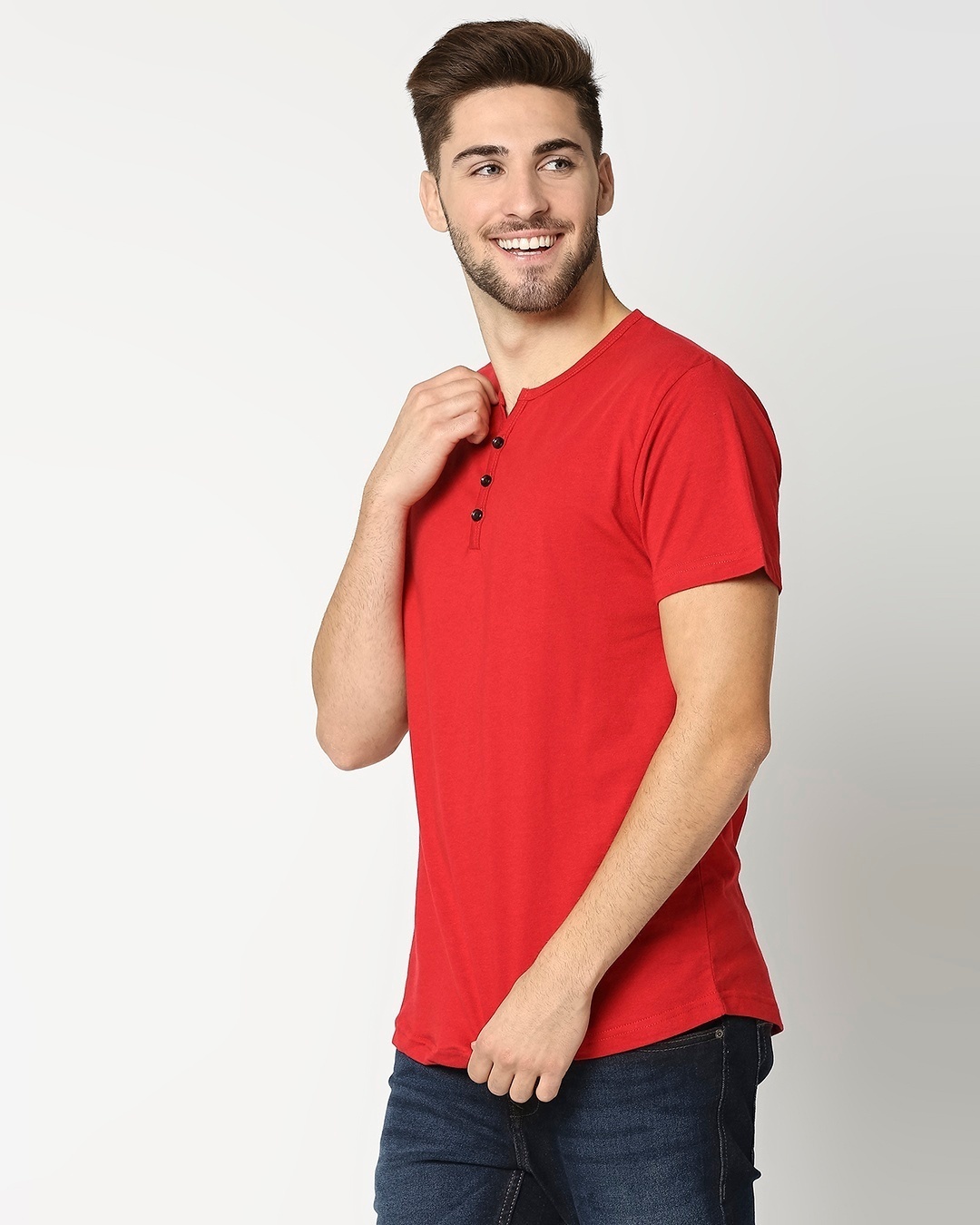 Shop Bold Red Henley Half Sleeve T-Shirt-Design