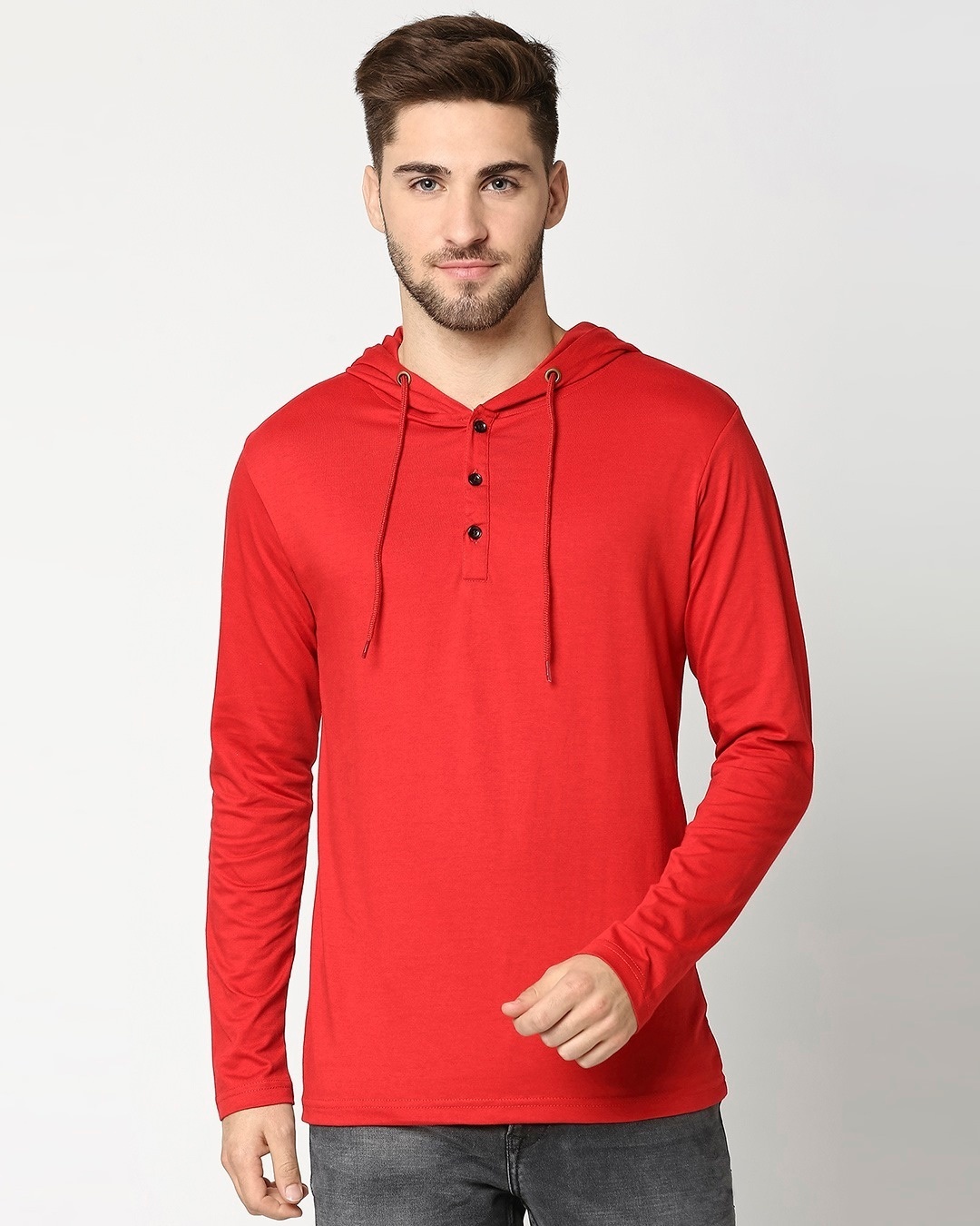 Shop Bold Red Henley Hoodie Full Sleeve T-Shirt-Back