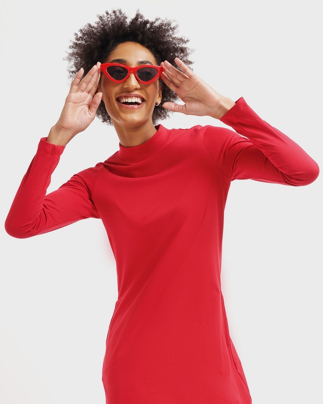 Shop Bold Red High Neck Slim Fit Pocket Dress-Front