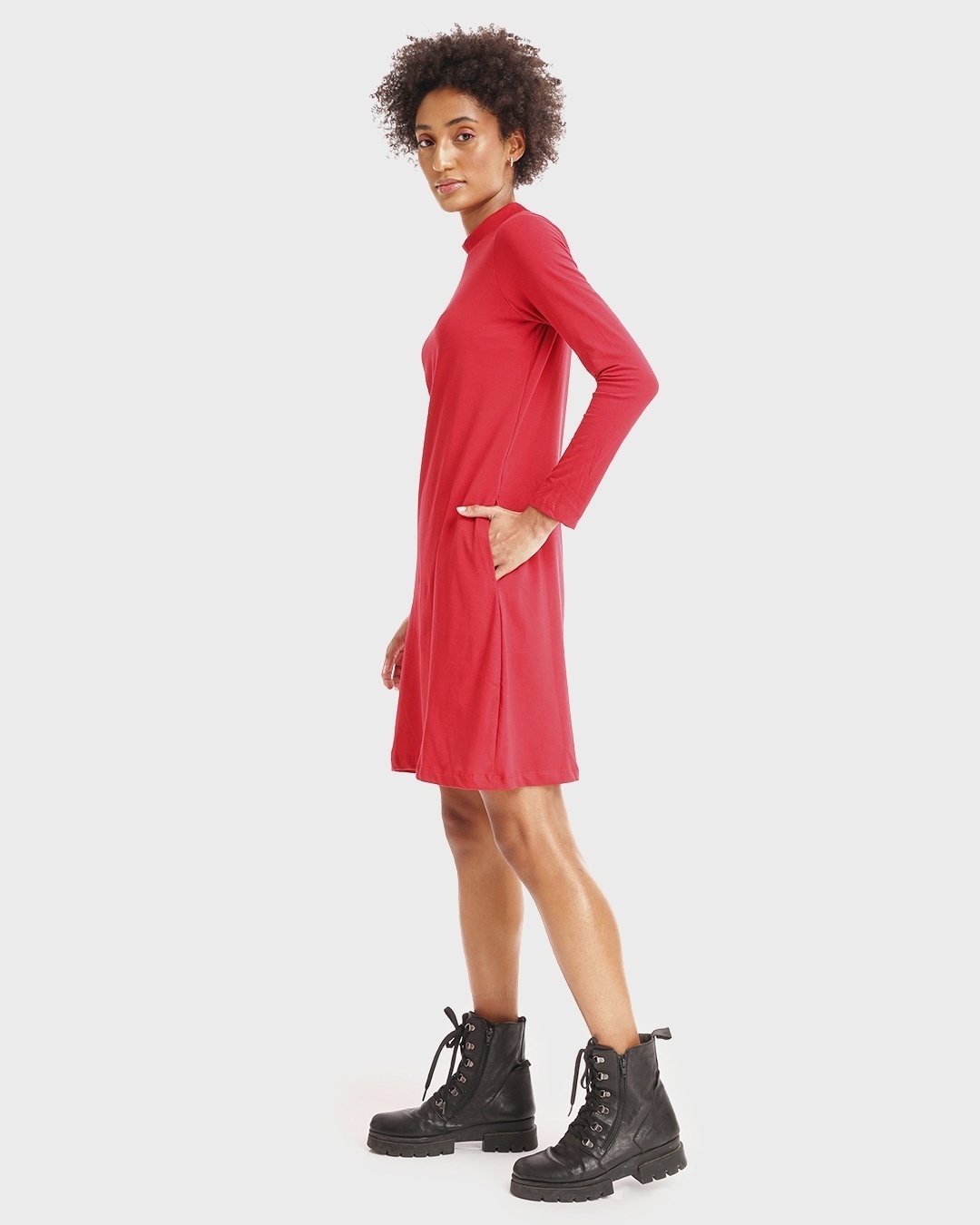 Shop Bold Red High Neck Slim Fit Pocket Dress-Back