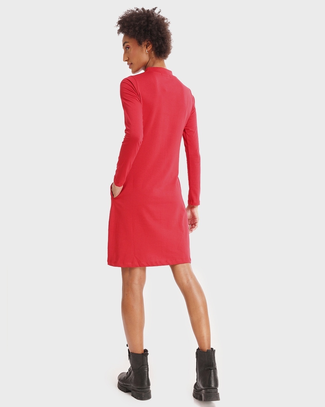 Shop Bold Red High Neck Slim Fit Pocket Dress-Design