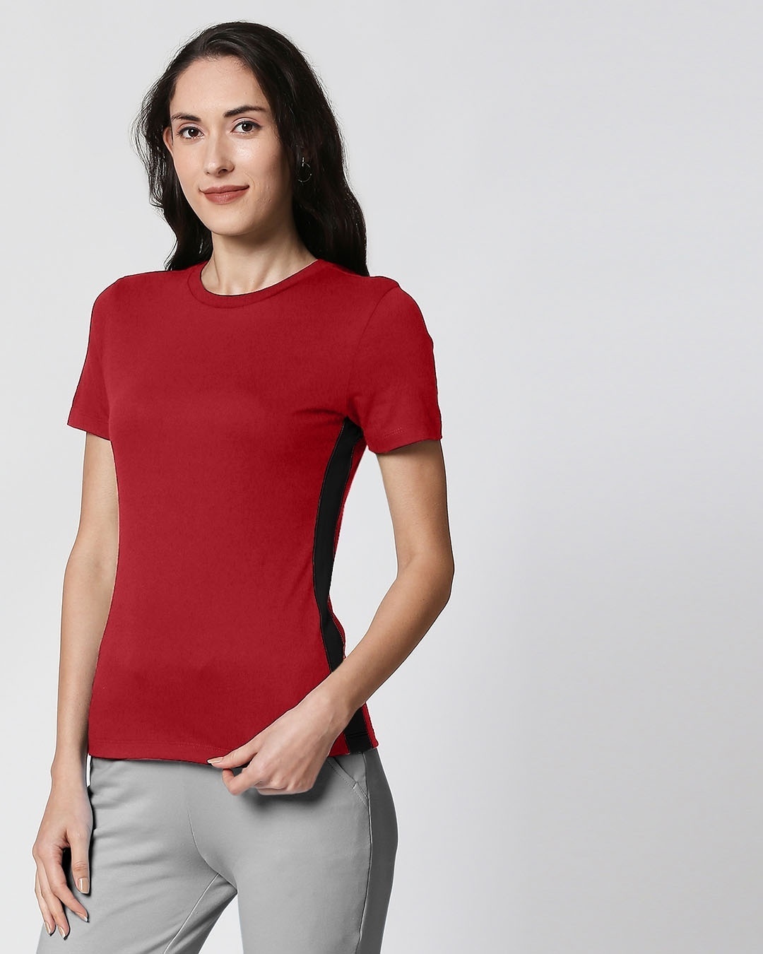 Shop Bold Red Jet Black Contrast Side Seam Panel Regular T-Shirt-Back