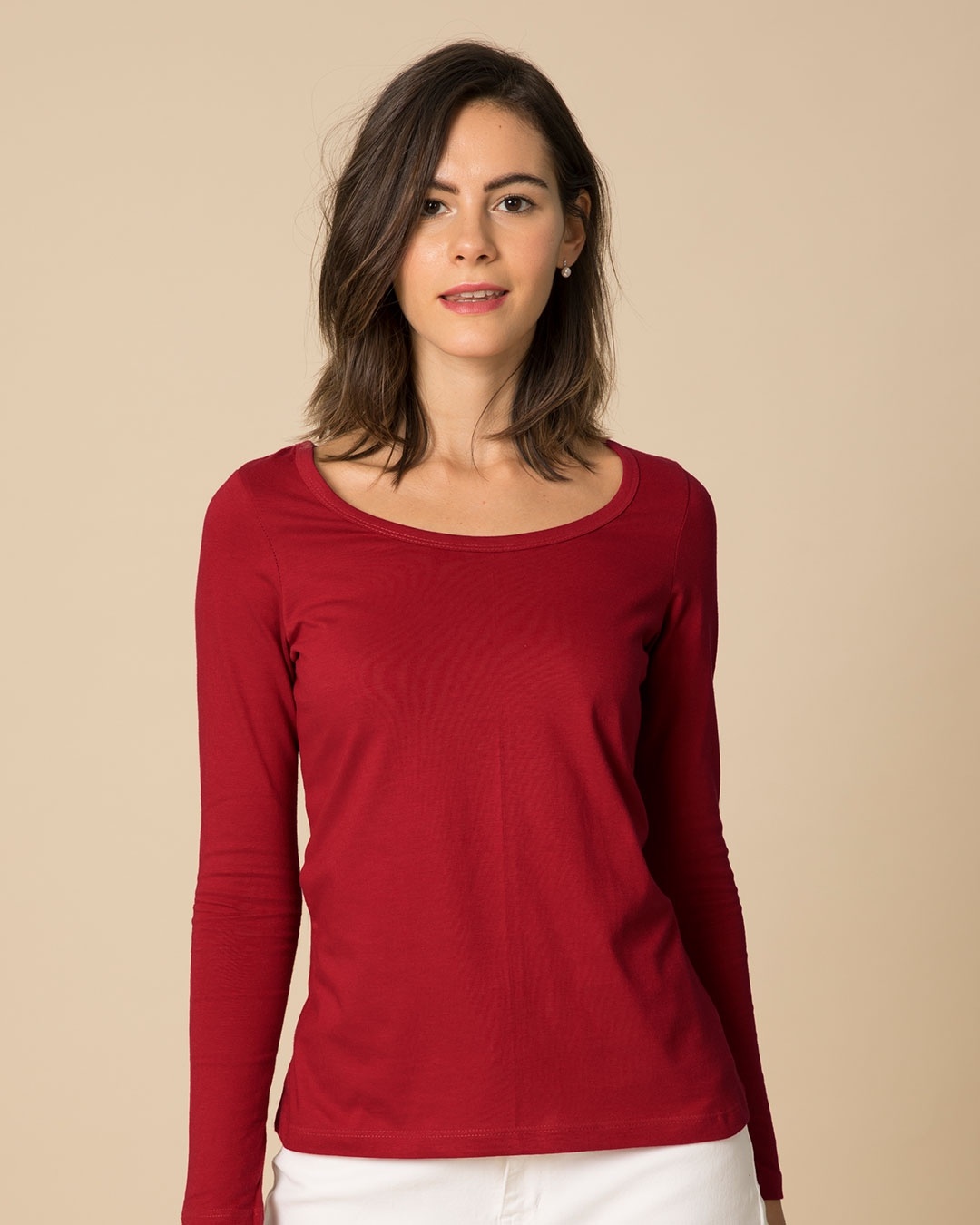 Shop Bold Red Scoop Neck Full Sleeve T-Shirt-Front