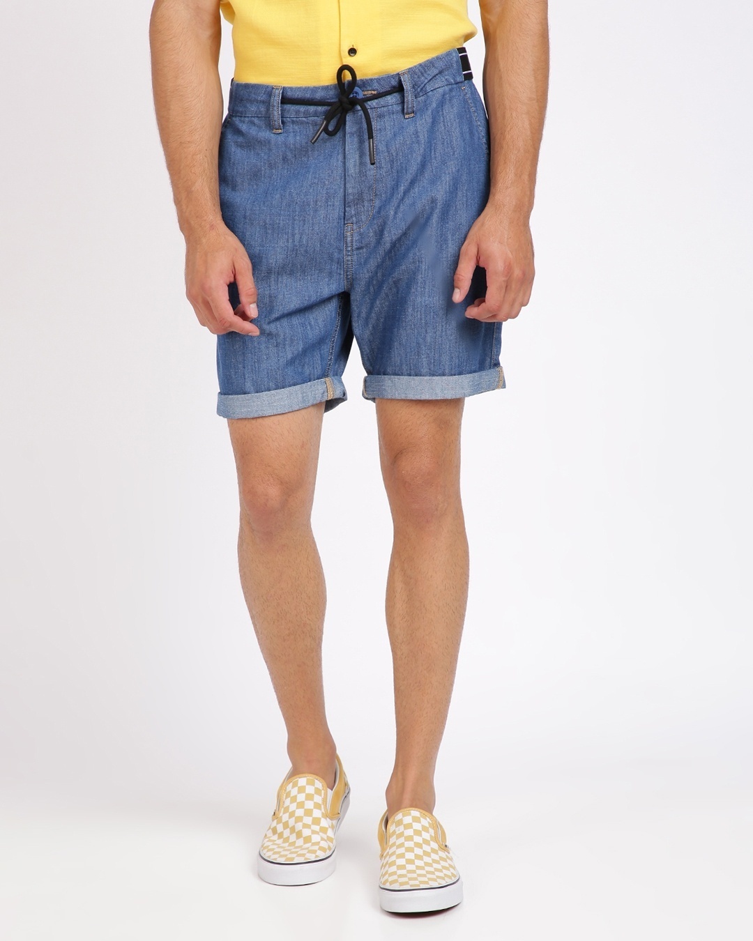 Shop Solid Indigo Shorts With Drawcord Fastening-Front