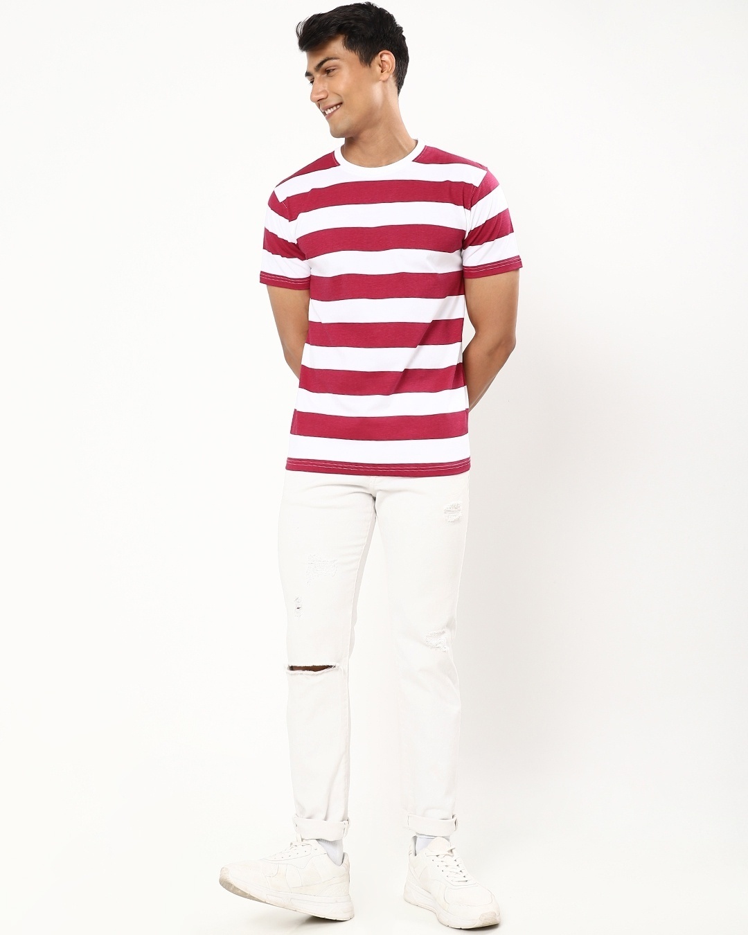 Shop Men's White and Red Stripe T-shirt-Full