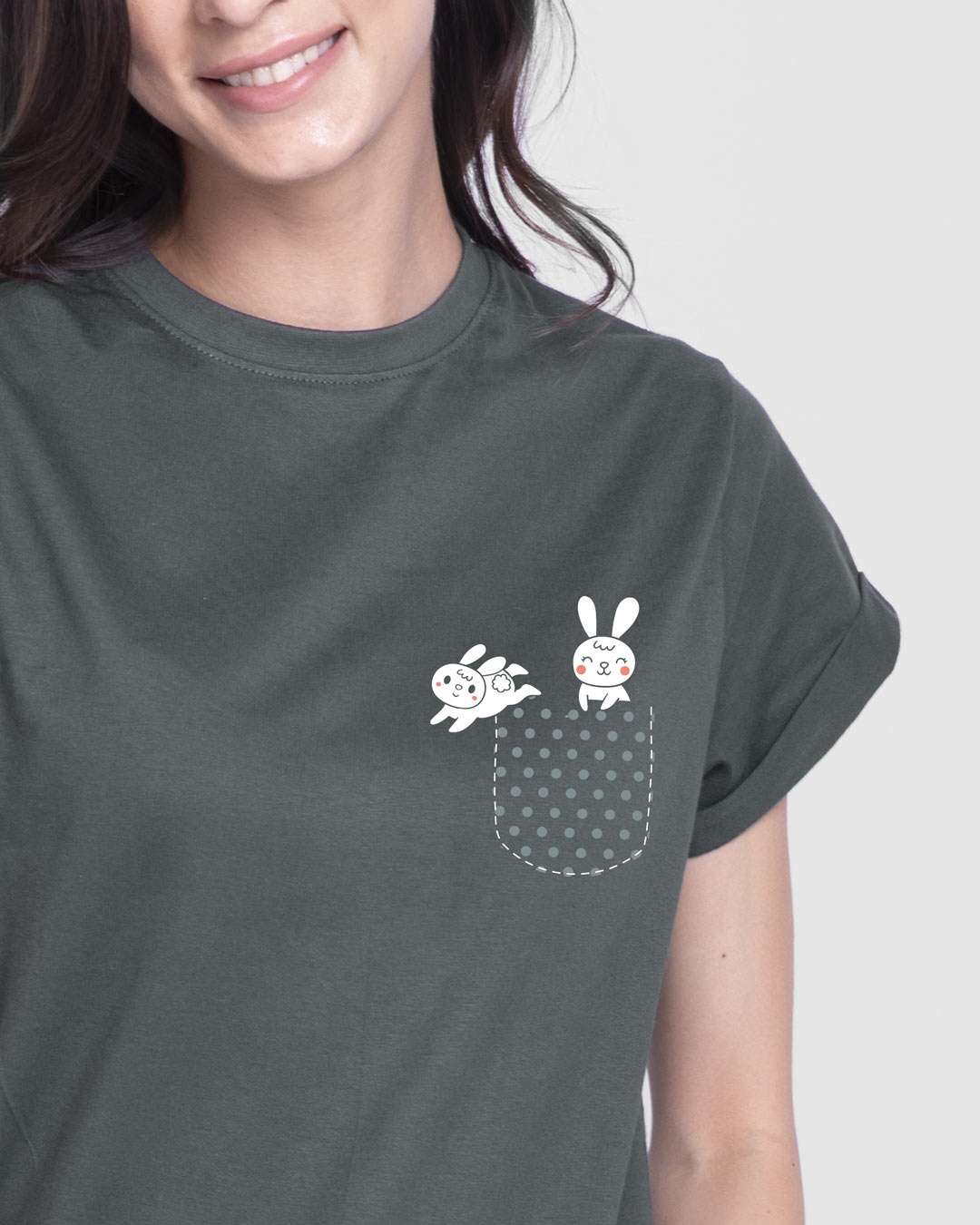 Shop Bunny Rabbit Pocket  Boyfriend T-Shirt  Nimbus Grey-Front