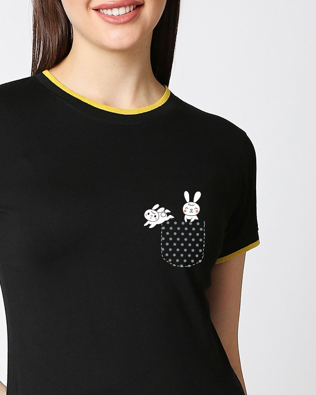 Shop Bunny Rabbit Pocket Half Sleeve Printed Rib T-Shirt-Front
